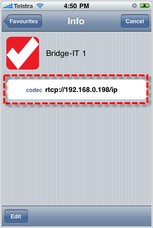 favourites info screen with URL hilighted